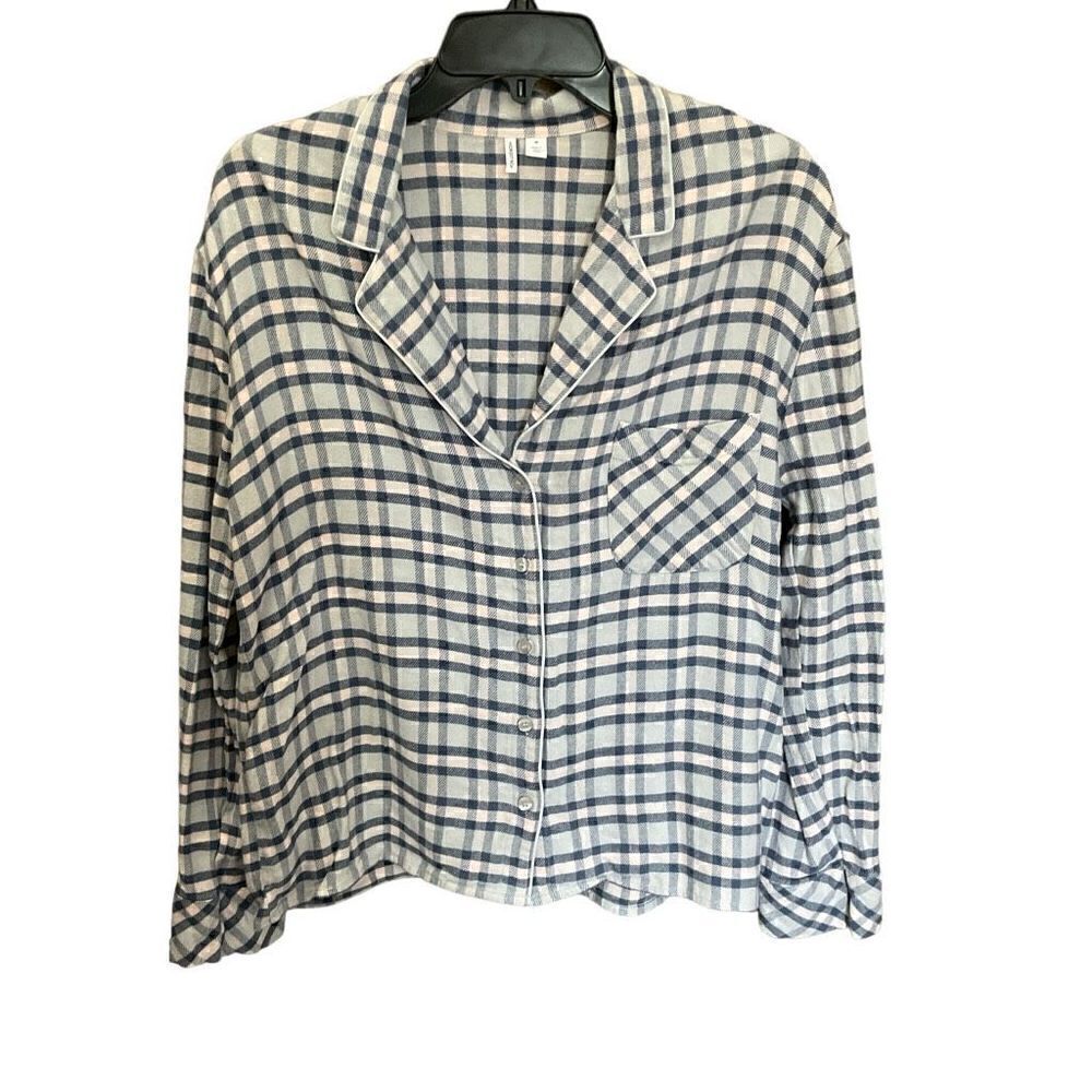 Nordstrom Pajama Top Flannel Button Front Blue Pink Grey Plaid Pocket Medium